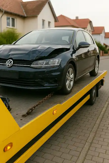 Ein defektes Auto wird in Neuss abgeschleppt, um zum Autoankauf gebracht zu werden.